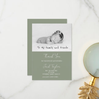 Carte De Remerciements Modern Sage Green Photo Handwriting Baby Birth  