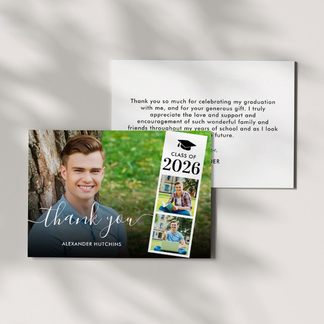 Carte De Remerciements Modern Script Overlay 3 Photo Graduation (Créateur téléchargé)