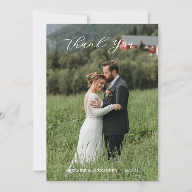 Carte De Remerciements Modern Script Photo Wedding (Devant)