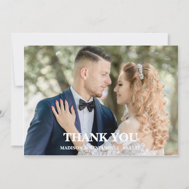 Carte De Remerciements Modern Script Photo Wedding (Devant)
