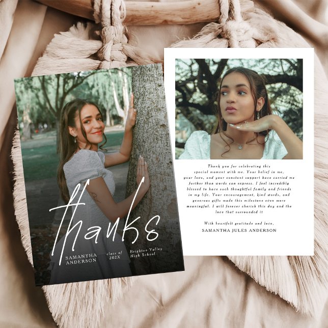 Carte De Remerciements Modern Thanks Script Simple Photo Graduation  (Créateur téléchargé)