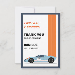 Carte De Remerciements Modern Two Fast Race Car Boy 2e anniversaire