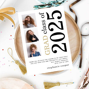 Carte De Remerciements Moderne 3 photo Bold Text 2023 Graduation blanche