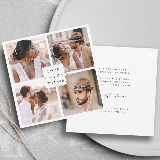 Carte De Remerciements Moderne 4 Photo Collage Mariage Carré (Front & Back)