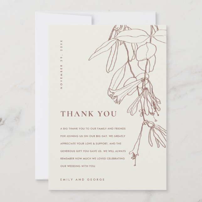 CARTE DE REMERCIEMENTS MODERNE BLUSH HORS LIGNE BLANCHE DESSIN MARIAGE FL (Devant)