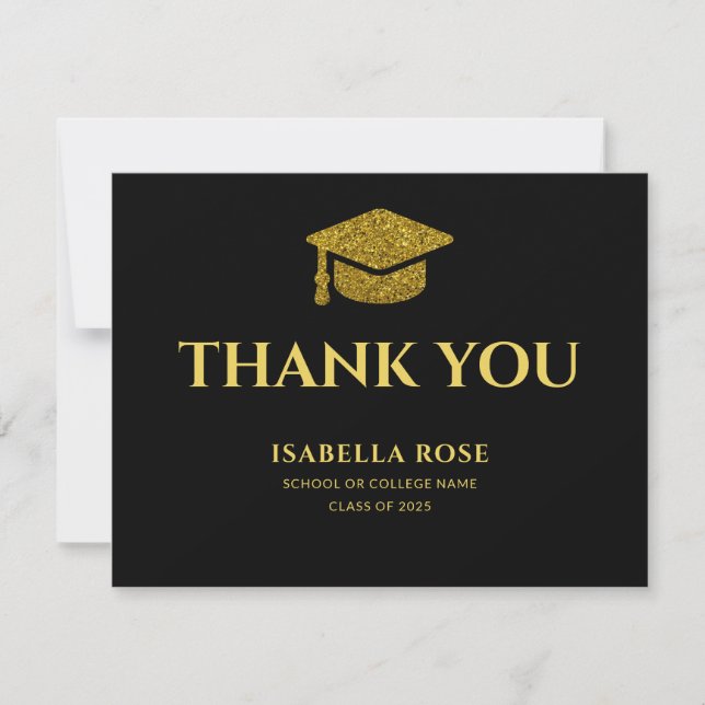 Carte De Remerciements Moderne Chic Elegant Noir et Or Graduation (Devant)