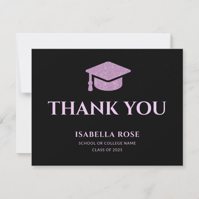 Carte De Remerciements Moderne chic élégant noir et rose Graduation (Devant)
