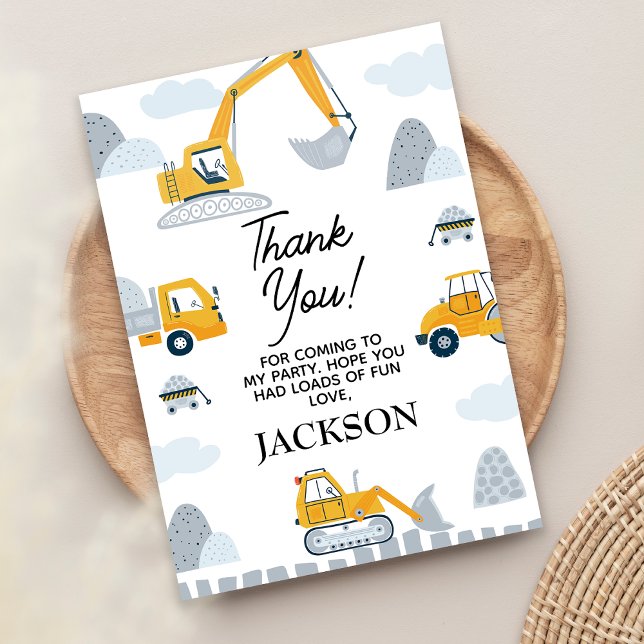 Carte De Remerciements Moderne Creusez Quelques Bâtiments Amusants Annive (Boys Construction Birthday Thank You Card, Yellow Grey Construction Themed Birthday Thank You Card)