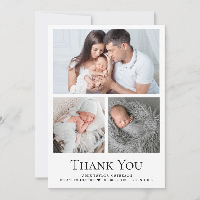 Carte De Remerciements Moderne Custom Baby 3 Photos Statistiques de naiss (Devant)