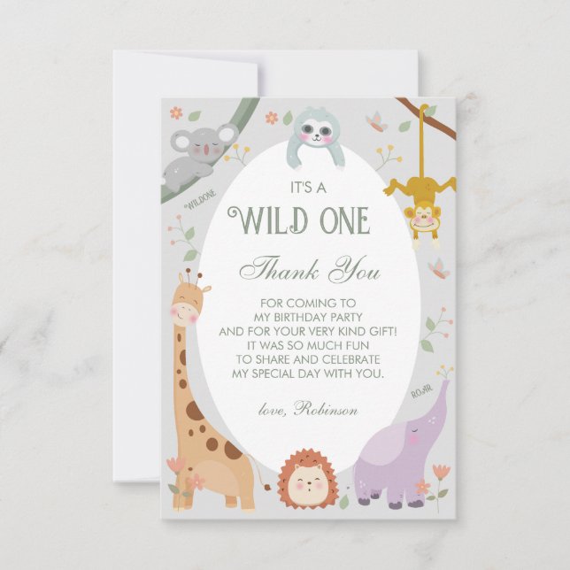 Carte De Remerciements Moderne Cute Wild One Safari Animaux 1er Anniversa (Devant)