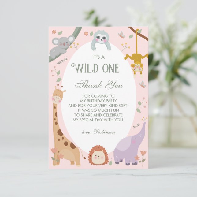 Carte De Remerciements Moderne Cute Wild One Safari Animaux 1er Anniversa (Debout devant)