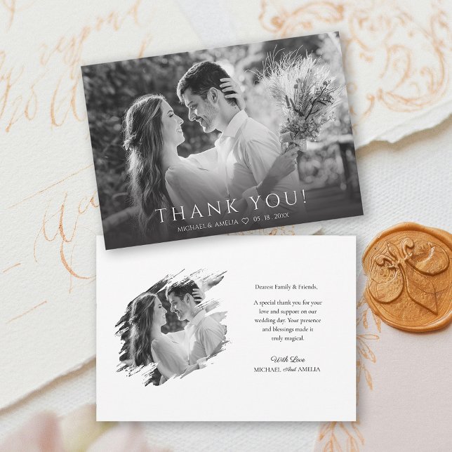 Carte de remerciements moderne de Mariage noir et  ( Black & White Wedding Thank You Card)