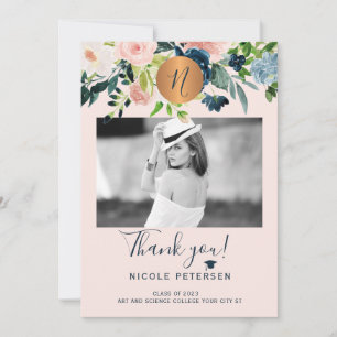 Carte De Remerciements Moderne élégant floral or grad graduation photo