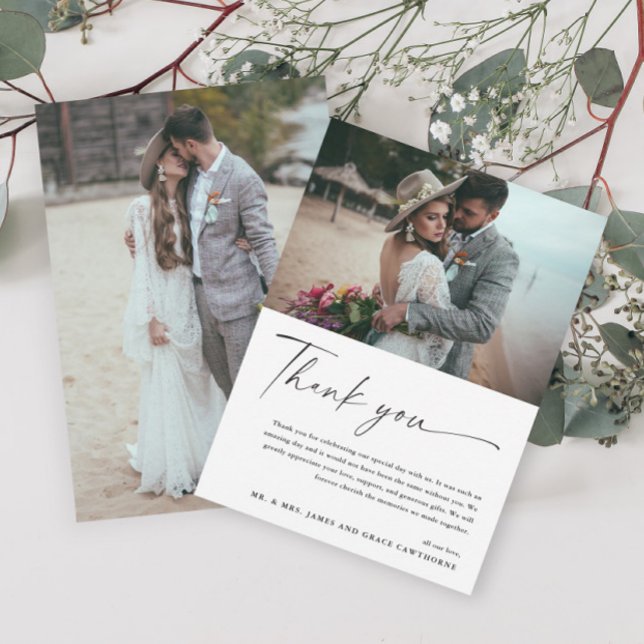 Carte De Remerciements Moderne Elegant noir et blanc 2 Mariage photo (Créateur téléchargé)