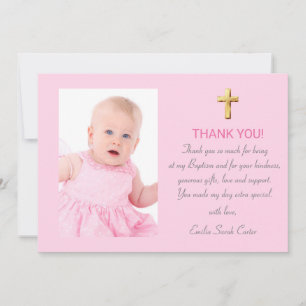 Carte De Remerciements Moderne Elegant Pink Gold Cross Girl Baptism