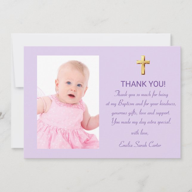 Carte De Remerciements Moderne Élégant Purple Gold Cross Girl Baptism (Devant)