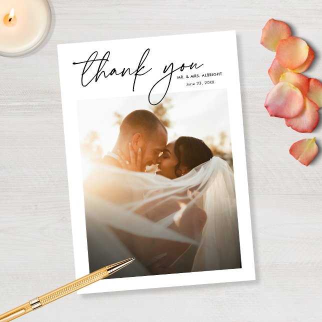 Carte De Remerciements Moderne Elegant Simple Chic Script 2 Mariage photo (Créateur téléchargé)