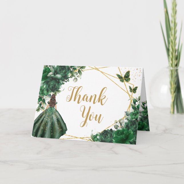 Carte De Remerciements Moderne Emerald Green Floral Princess Quinceañera (Devant)