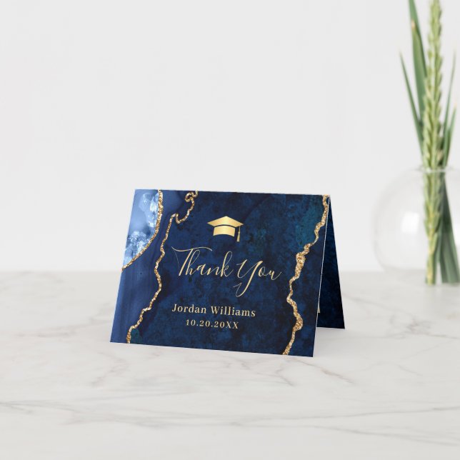 Carte De Remerciements Moderne Golden Blue Marble Agate Party de graduati (Devant)