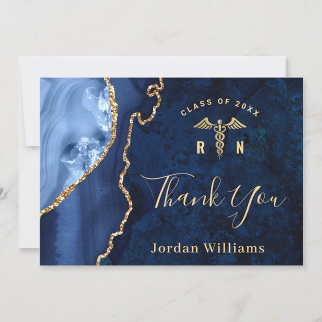 Carte De Remerciements Moderne Golden Blue Marble Agate RN Graduation (Devant)