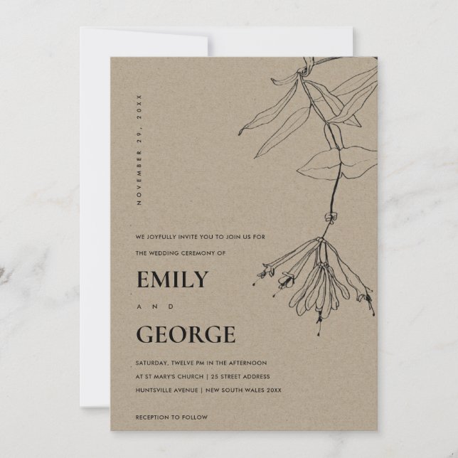 CARTE DE REMERCIEMENTS MODERNE KRAFT LINE DESSINER FLORAL MARIAGE INVITE (Devant)