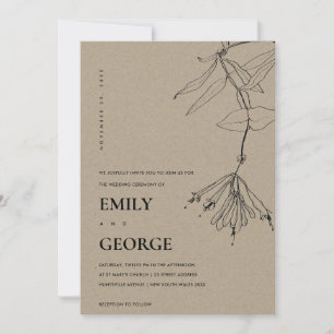 CARTE DE REMERCIEMENTS MODERNE KRAFT LINE DESSINER FLORAL MARIAGE INVITE