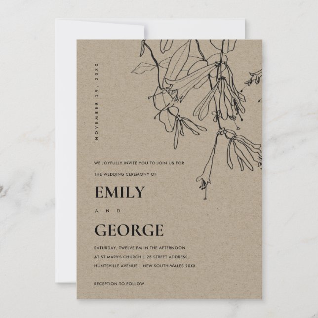 CARTE DE REMERCIEMENTS MODERNE KRAFT LINE DESSINER FLORAL MARIAGE INVITE (Devant)
