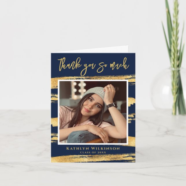 Carte De Remerciements Moderne Marine Bleu Gold Script Chic Photo Graduat (Devant)