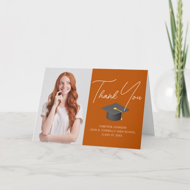 Carte De Remerciements Moderne Orange Diplômé Photo personnalisée (Devant)