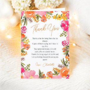 Carte De Remerciements Moderne orangé fleurs script douche nuptiale