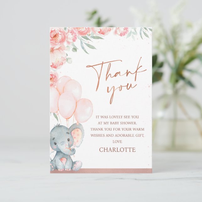 Carte De Remerciements Moderne rose Floral Oh Girl Elephant Baby shower (Debout devant)