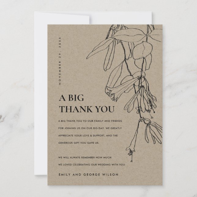 CARTE DE REMERCIEMENTS MODERNE RUSTIQUE LIGNE KRAFT DESSINER MARIAGE FLOR (Devant)