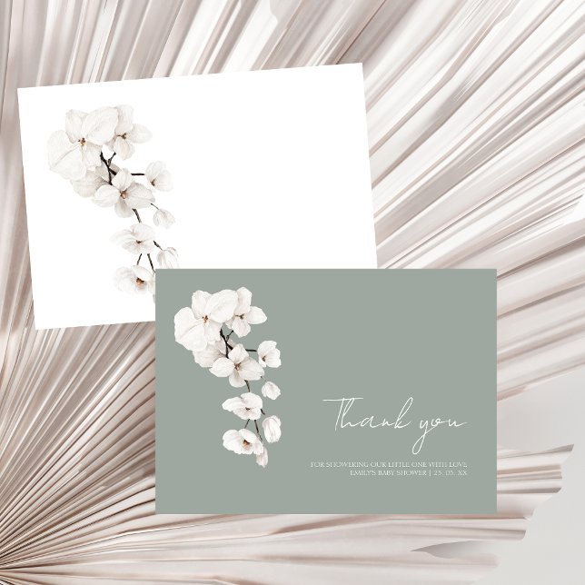 Carte De Remerciements Moderne Sage Vert Orchidées Blanches Baby shower F (Baby in Bloom Sage Green White Orchids Baby Shower Thank You Card)