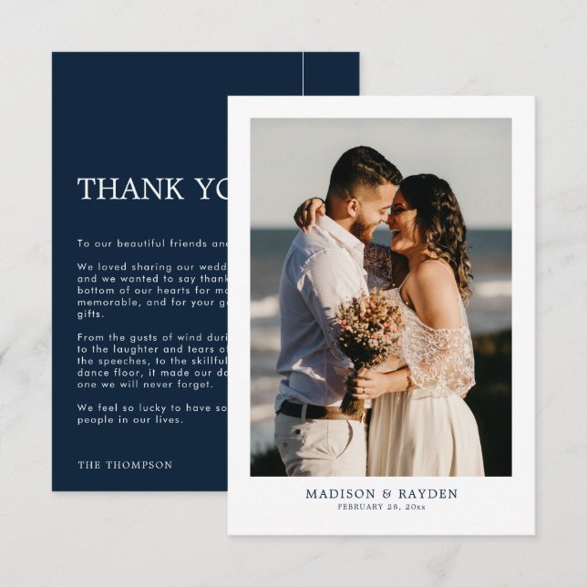 Carte De Remerciements Moderne Simple Navy Blue avec Mariage photo (Devant / Derrière)