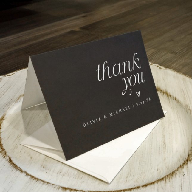 Carte De Remerciements Moderne Simple Noir Blanc Texte Mariage de coeur (wedding thank you card - black and white simple modern folding wedding thank you)