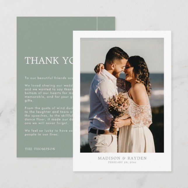 Carte De Remerciements Moderne Simple Sage Green avec Mariage photo (Devant / Derrière)