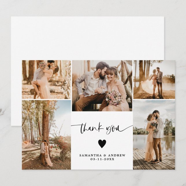 Carte De Remerciements Moderne simple script coeur 5 photos mariage (Devant / Derrière)