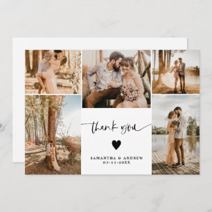 Carte De Remerciements Moderne simple script coeur 5 photos mariage