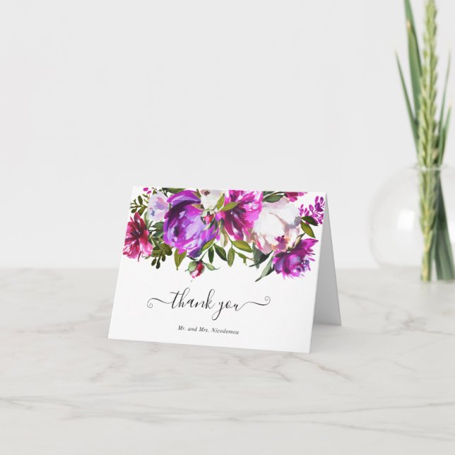 Carte De Remerciements Moderne Vibrant Gras brillant violet Mariage Flora (Devant)