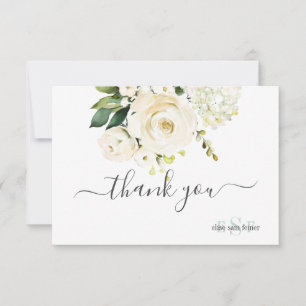 Carte De Remerciements Monogram Roses Hydrangea Alabaster Aquarelle