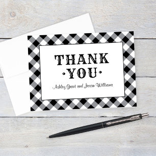 Carte De Remerciements monograme de Rustic Black Gingham Plaid