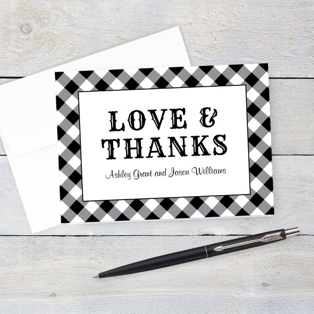Carte De Remerciements monograme de Rustic Black Gingham Plaid (Créateur téléchargé)