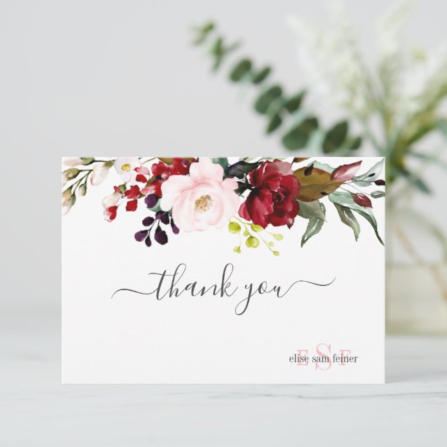 Carte De Remerciements Monogramme Aquarelle Bourgogne Blush Roses (Debout devant)