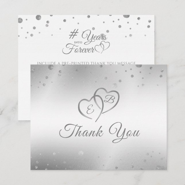 Carte De Remerciements Monogramme Argent Coeur Années à jamais (Devant / Derrière)