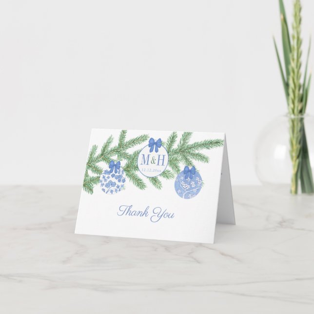 Carte De Remerciements Monogramme bleu et blanc Mariage de l'ornement de  (Devant)