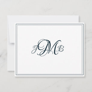 Carte De Remerciements Monogramme classique Marine & Flourish Script blan
