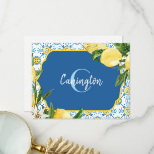 Carte De Remerciements Monogramme De Citron Bleu Méditerranéen Nom(S) 