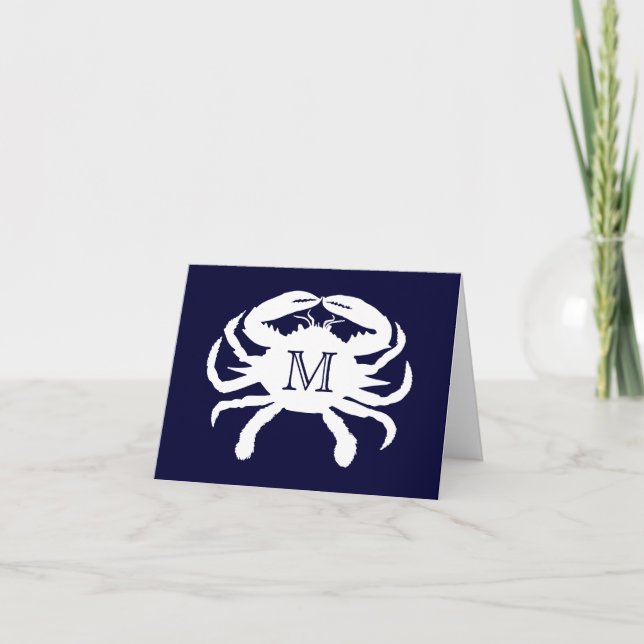 Carte De Remerciements Monogramme de crabe bleu et blanc de la Marine (Devant)