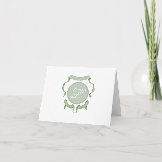 Carte De Remerciements Monogramme de crête de ruban d'aquarelle (Devant)