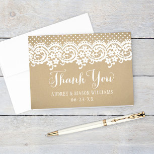 Carte De Remerciements Monogramme de mariage Kraft rustique et dentelle